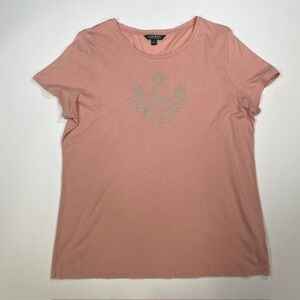 Lauren Ralph Lauren Pink Rhinestone Crest Logo T Shirt XL Cotton Modal Blend